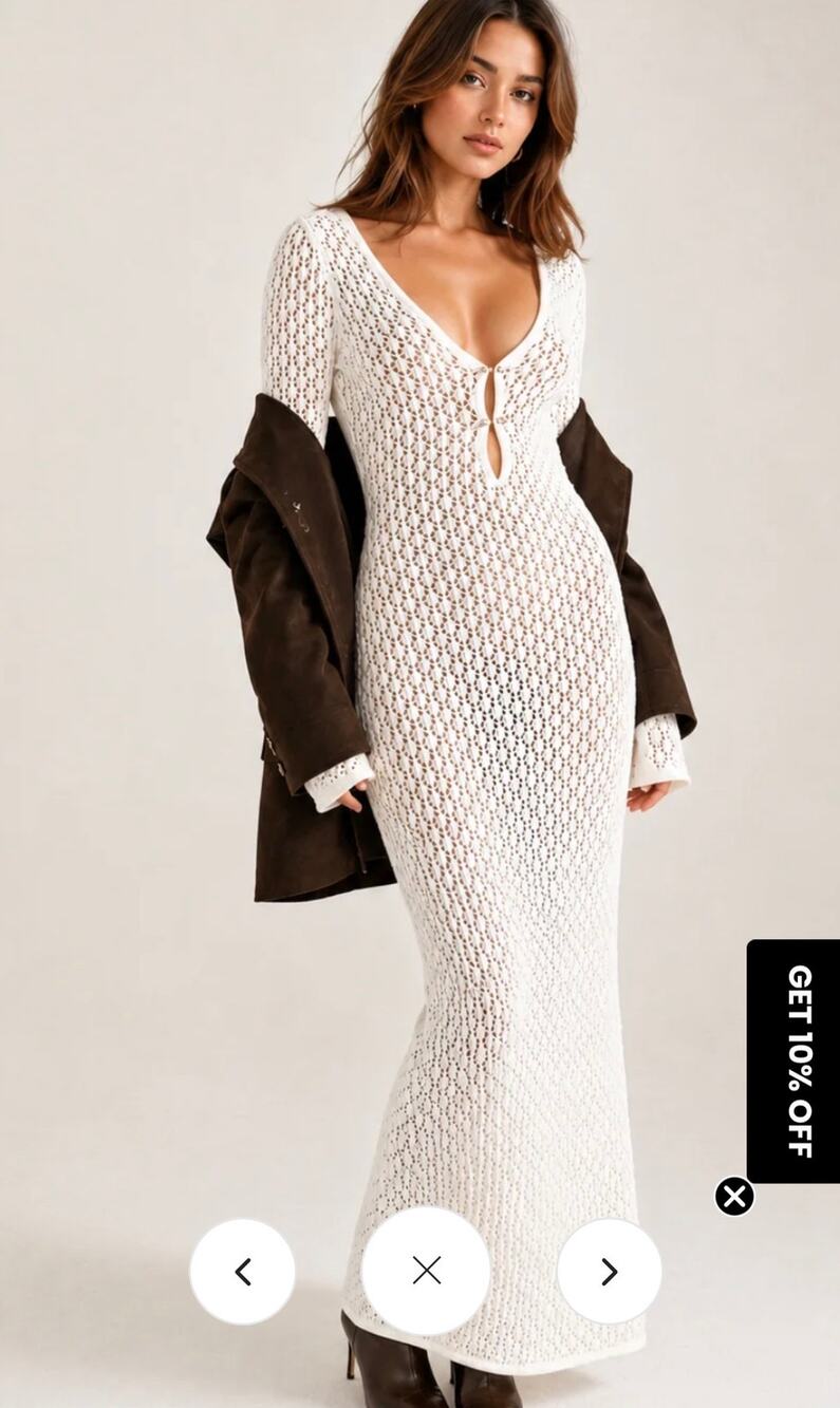 NWT Commense White crochet maxi dress with bell sleeves and openwork pattern